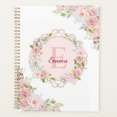 モノグラム 水彩画 ピンクバラ 花 フローラル プランナー手帳 (正面)