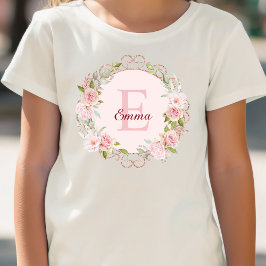 モノグラム 水彩画 ピンクバラ 花 フローラル Tシャツ