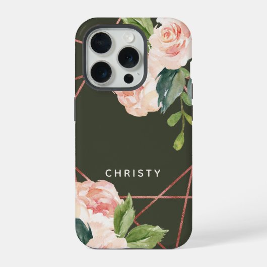 モノグラム 水彩花柄 ダークグリーン iPhoneケース (裏面)