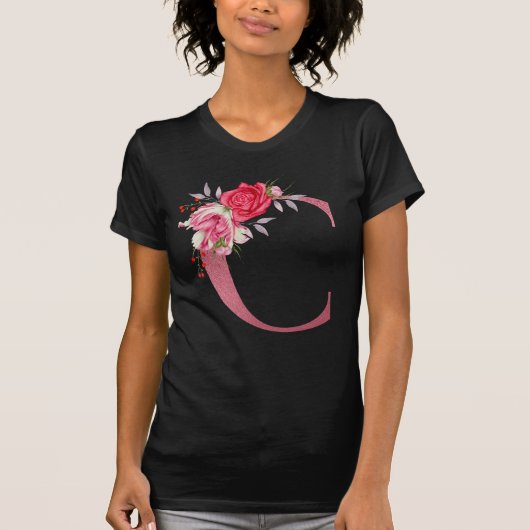モノグラム 水彩花 バラ金 アルファベット C Tシャツ (正面)