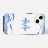 モノグラム 水彩 アガレ 抽象的 ブルー iPhoneケース (裏面横)