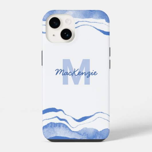 モノグラム 水彩 アガレ 抽象的 ブルー iPhoneケース (裏面)