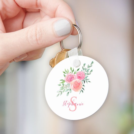 モノグラム 水彩 ピンクの花 キーホルダー