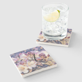 モノグラム 水彩 紫色のツツジの花 ストーンコースター