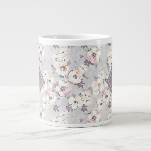 モノグラム|淡いピンクの水彩模様 ジャンボコーヒーマグカップ (正面)