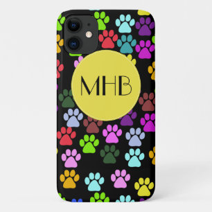 モノグラム-犬の足、跡-赤い青緑 iPhone 11 ケース