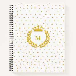 モノグラム, 王冠, ライラック & ゴールドの星たち 白地に ノートブック