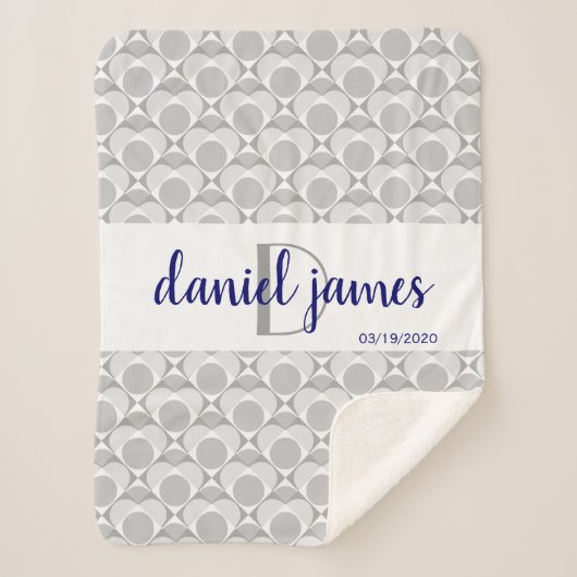 モノグラム、甘いハート幾何学灰色/白/ネイビー シェルパブランケット (正面)