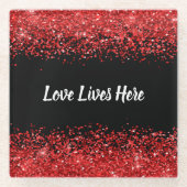 モノグラム – 白い文字オン黒と赤いグリッター | ガラスコースター (正面)