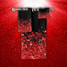 モノグラム – 白い文字オン黒と赤いグリッター | バスタオルセット