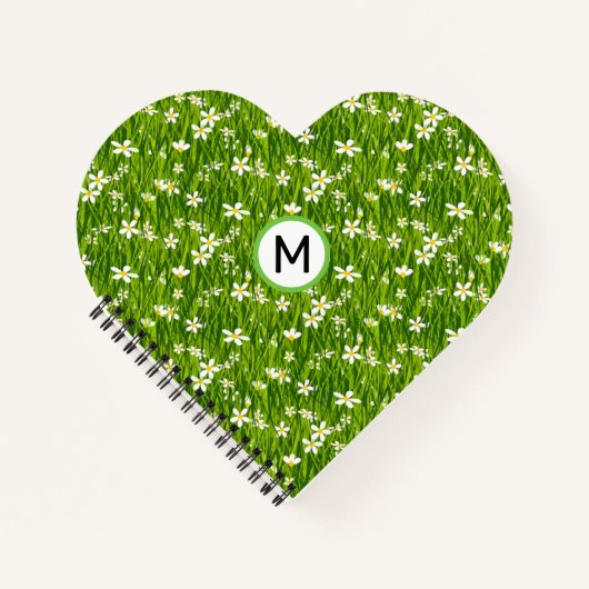 モノグラム 白い花と植物の葉 ノートブック (正面)