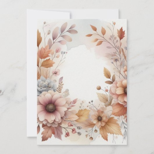 モノグラム 秋の落ち葉と花 水彩画 招待状 (正面)