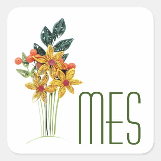 モノグラム、紙クイル花、スキニーフォント1.5インチ スクエアシール (正面)