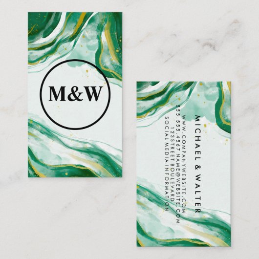 モノグラム |緑の芸術的水彩テクスチャ 名刺 (正面/裏面)