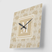 モノグラム|象のカーキ色のキャラバンパターン スクエア壁時計 (傾斜)