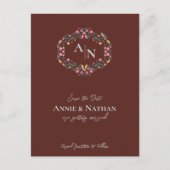 モノグラム 赤 繊細な 花柄 デザイン フレーム 結婚式 案内ポストカード (正面)