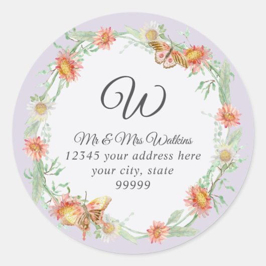 モノグラム 返信住所 ラベンダー パープル コーラル フローラル ラウンドシール (正面)