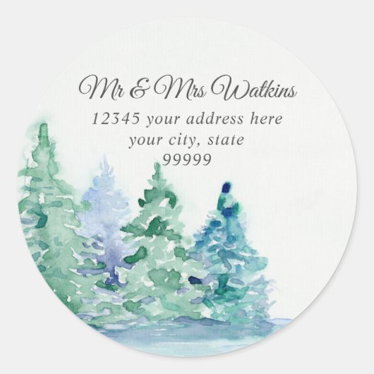 モノグラム 返信先住所 山湖と松の木 ラウンドシール (正面)