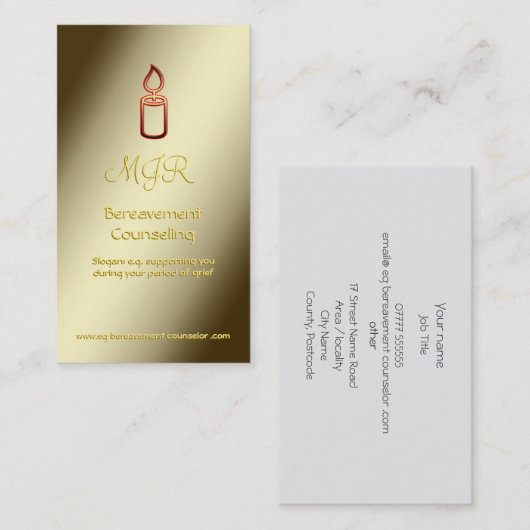 モノグラム、金ゴールドの蝋燭を持つ死別のカウンセラー 名刺 (正面/裏面)