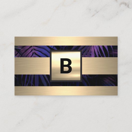 モノグラム |金ゴールドメタルストライプ |パープルパーム葉 名刺 (正面)