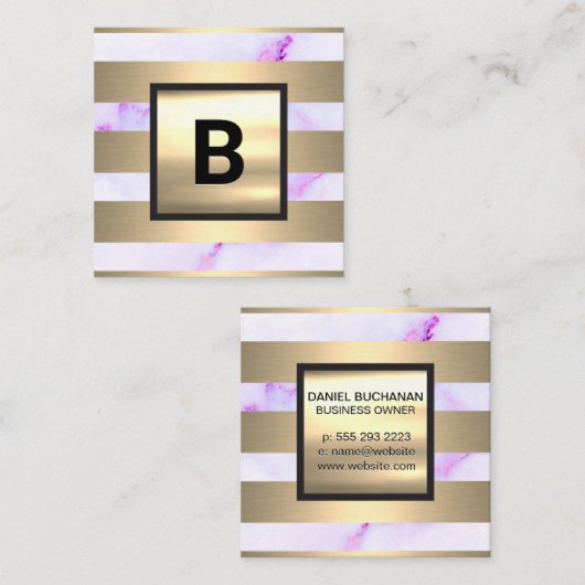 モノグラム |金ゴールドメタルストライプ |パープル大理石 スクエア名刺 (正面/裏面)