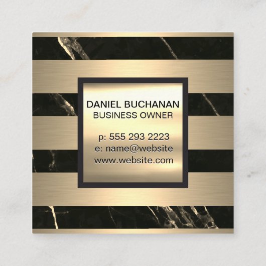 モノグラム |金ゴールドメタルストライプ |黒い金ゴールド大理石 スクエア名刺 (裏面)