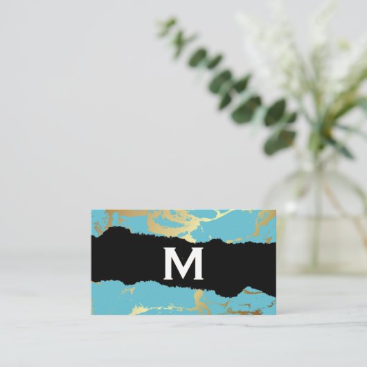 モノグラム |金ゴールド大理石ティール（緑がかった色） 名刺 (スタンド正面)