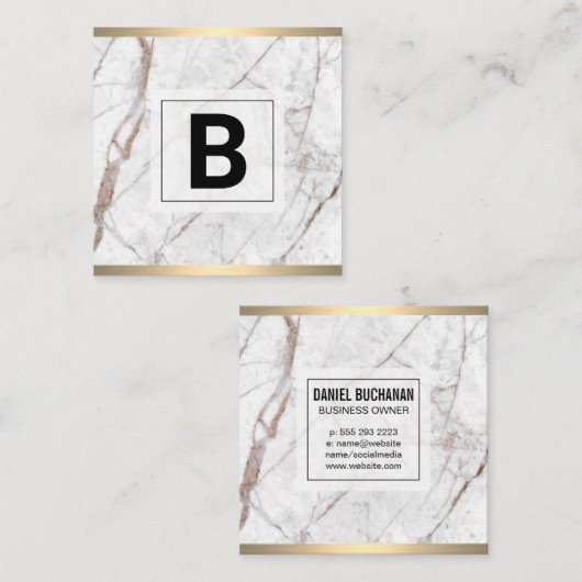 モノグラム | 金ゴールド金属 | 白い花崗岩 スクエア名刺 (正面/裏面)