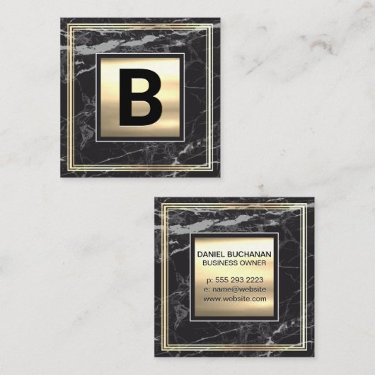 モノグラム |金属金ゴールド |金ゴールドフレーム黒の大理石 スクエア名刺 (正面/裏面)