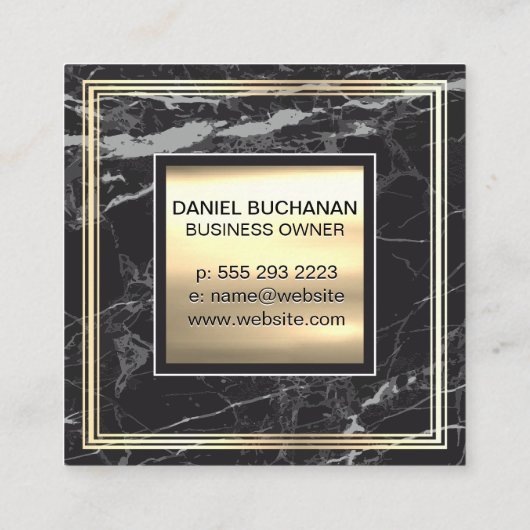 モノグラム |金属金ゴールド |金ゴールドフレーム黒の大理石 スクエア名刺 (裏面)