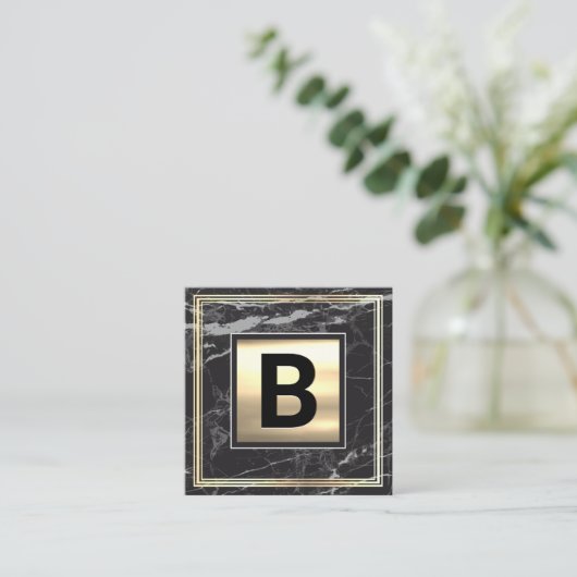 モノグラム |金属金ゴールド |金ゴールドフレーム黒の大理石 スクエア名刺 (スタンド正面)