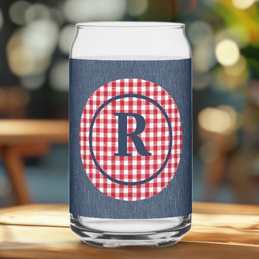 モノグラム | 青デニム、赤い白い円の枠 ガラス缶