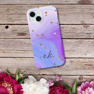 モノグラム 青 紫 ピンク スワール ゴールドラメ iPhone 15ケース