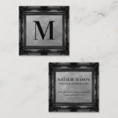 モノグラム |黒のアンティーク枠 |グレーのテクスチャ スクエア名刺 (正面/裏面)