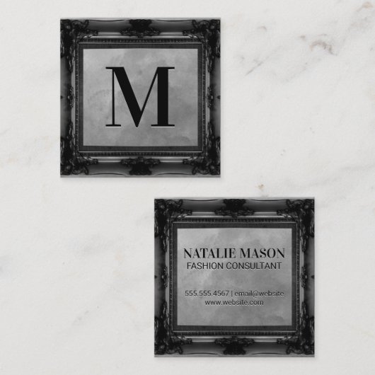 モノグラム |黒のアンティーク枠 |グレーのテクスチャ スクエア名刺 (正面/裏面)