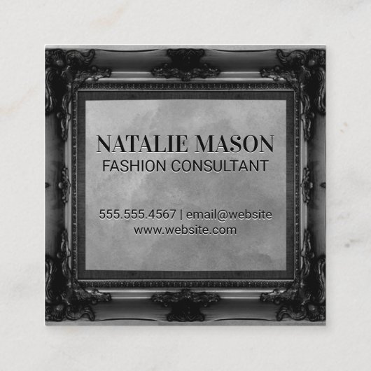 モノグラム |黒のアンティーク枠 |グレーのテクスチャ スクエア名刺 (裏面)