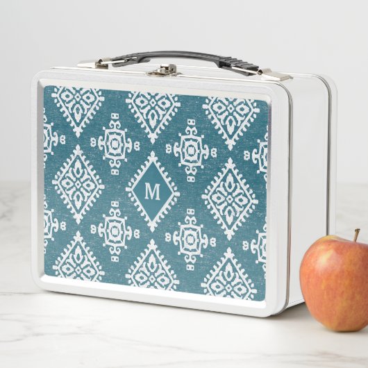 モノグラム| Amadoraのティール（緑がかった色）の青パターン メタルランチボックス (インサイチュ)