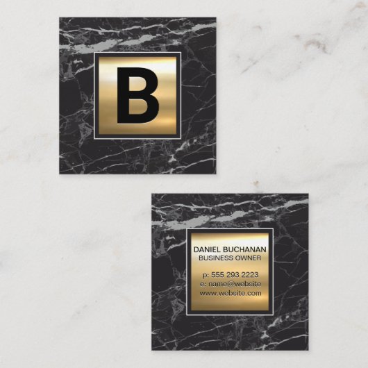 モノグラム | Chic金ゴールドメタル |黒い大理石 スクエア名刺 (正面/裏面)