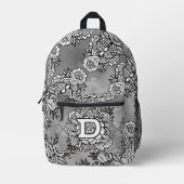 モノグラム"D"フローラタトゥーパターン白黒DIY プリントバックパック (正面)