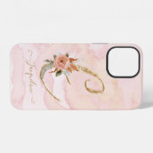 モノグラム E 手書き風 ゴールド 水彩 花柄 iPhoneケース (裏面横)