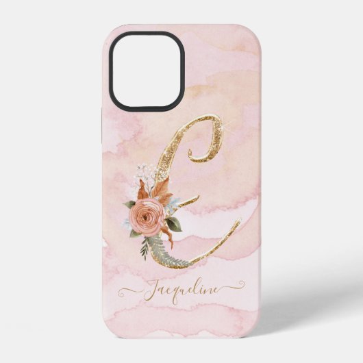 モノグラム E 手書き風 ゴールド 水彩 花柄 iPhoneケース (裏面)