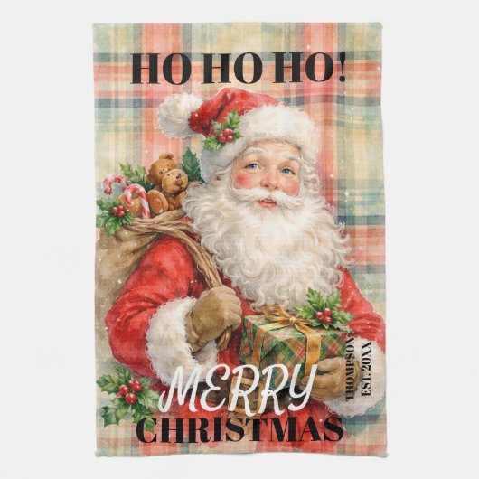 モノグラム Ho ho ho メリークリスマス サンタ 赤 キッチンタオル (縦)