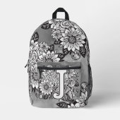 モノグラム "J" ひまわり柄 ブラック＆ホワイトDIY プリントバックパック (正面)