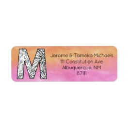 モノグラム「M」もつれ文字オレンジピンク水色 ラベル