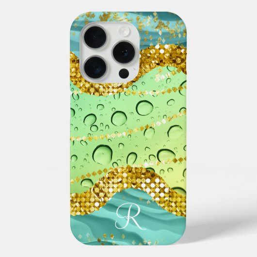 モノグラム R アクア ライム ゴールド マーブル ファンタジー ドロップレット Case-Mate iPhoneケース (裏面)