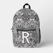 モノグラム "R" フローラル タトゥー柄 ブラック ホワイト DIY プリントバックパック (正面)
