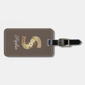 モノグラム S ブラウン木製文字フラワー荷物タグ ラゲッジタグ (正面横)