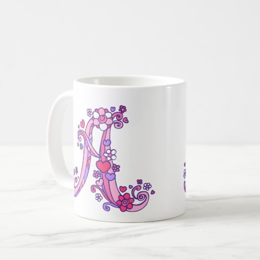 モノグラムAハートと花ピンク紫マグカップ コーヒーマグカップ (正面左)