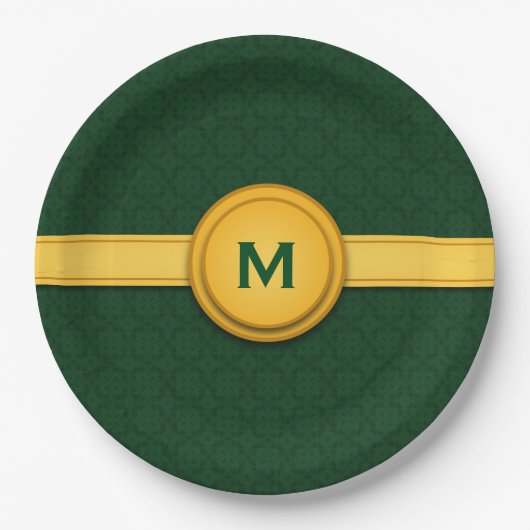 モノグラムA04を結婚する緑および金ゴールド ペーパープレート (正面)