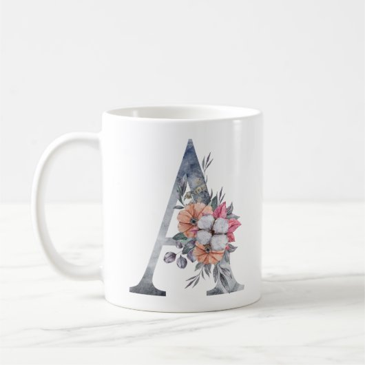 モノグラムA フラワーブルー水彩コーヒーマグ コーヒーマグカップ (左)